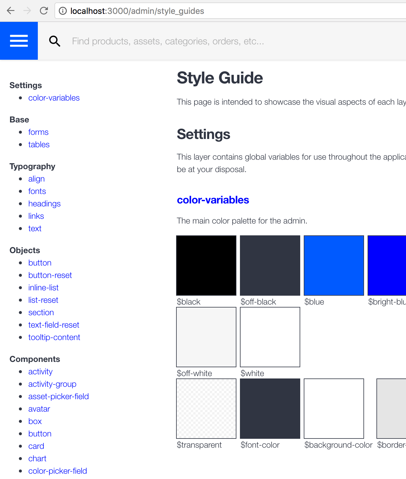 Admin style guides navigation