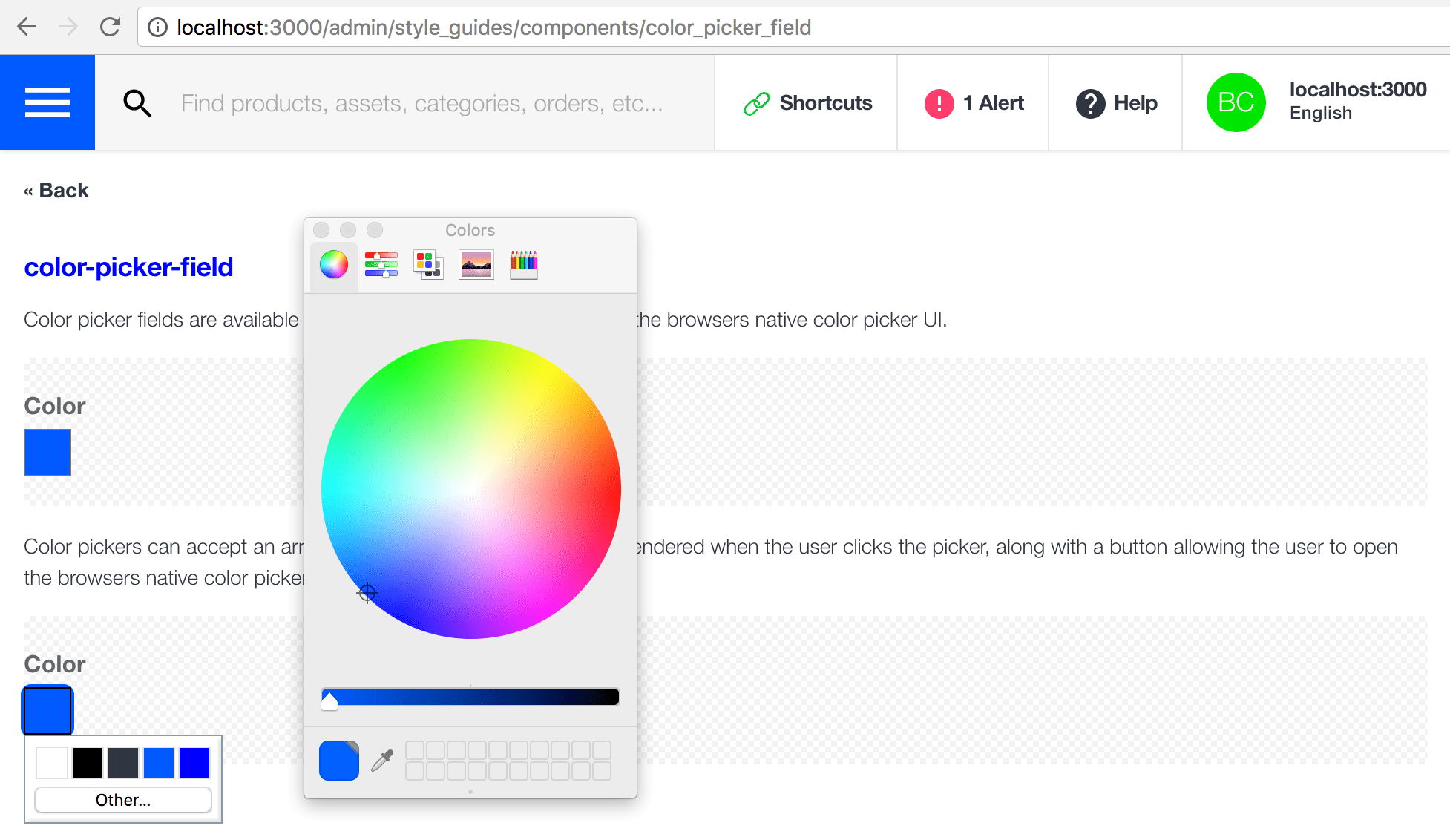 color picker component Admin style guide