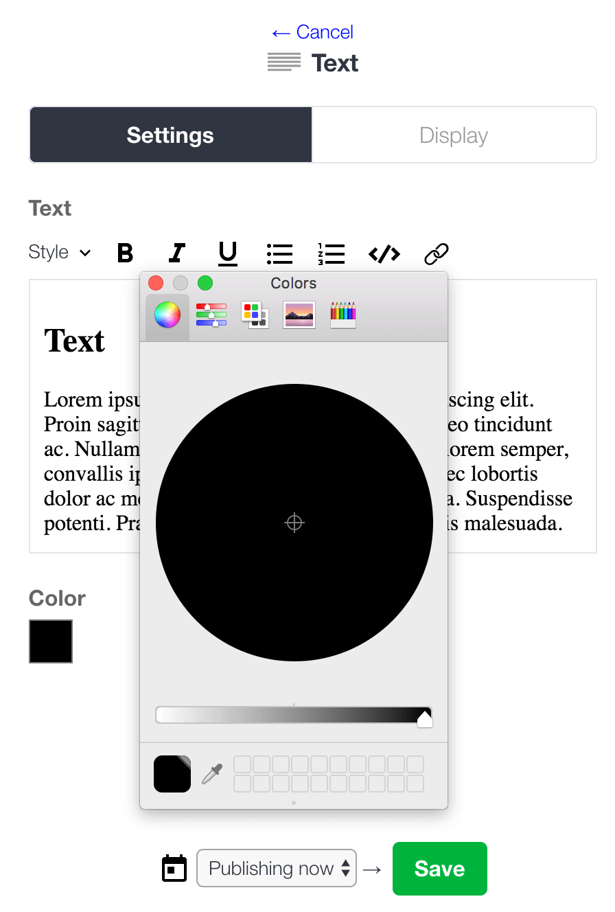 color picker component on content editing screen