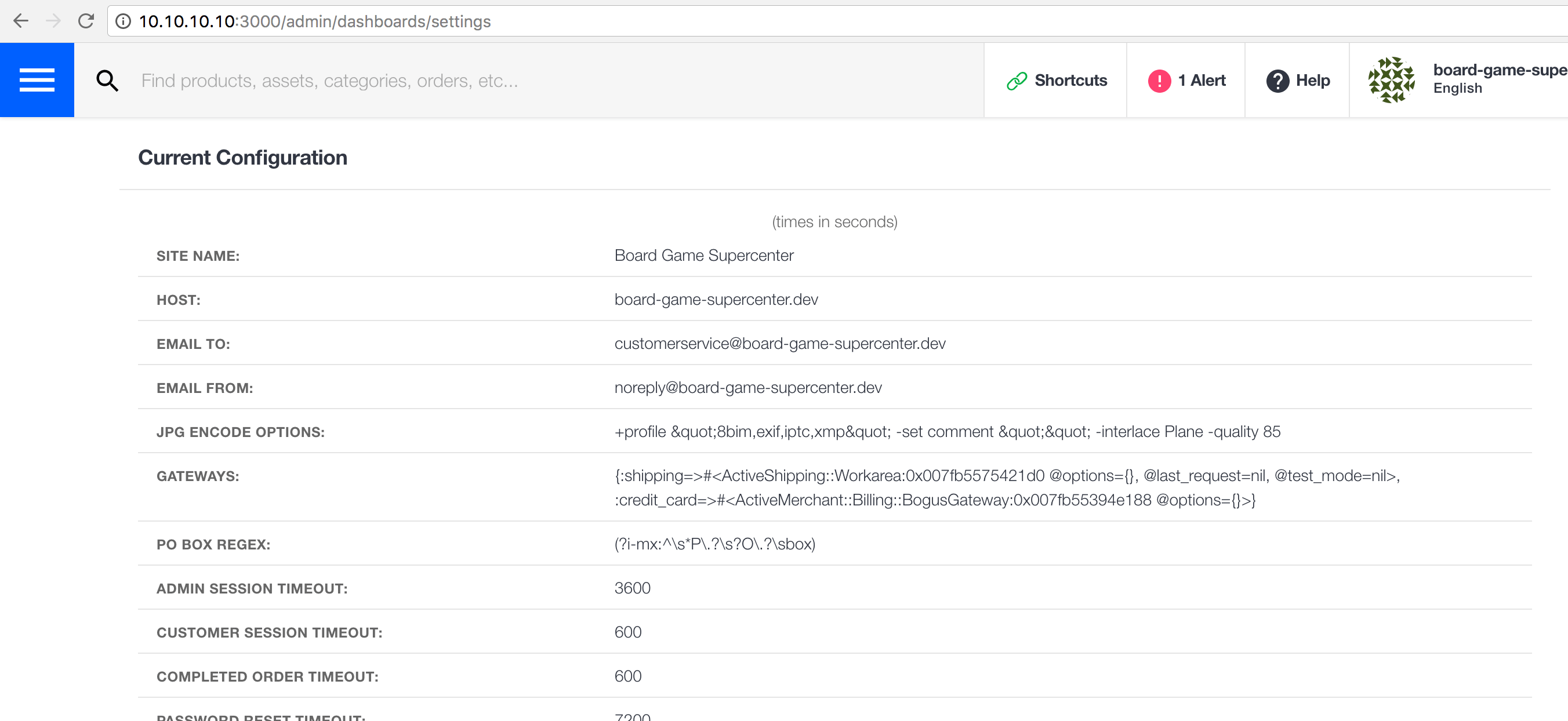 Current configuration shown in Admin Settings