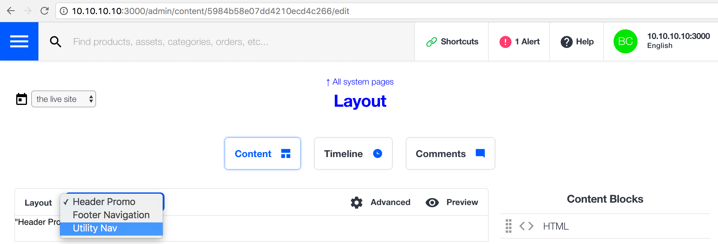 Layout content admin with 3 areas